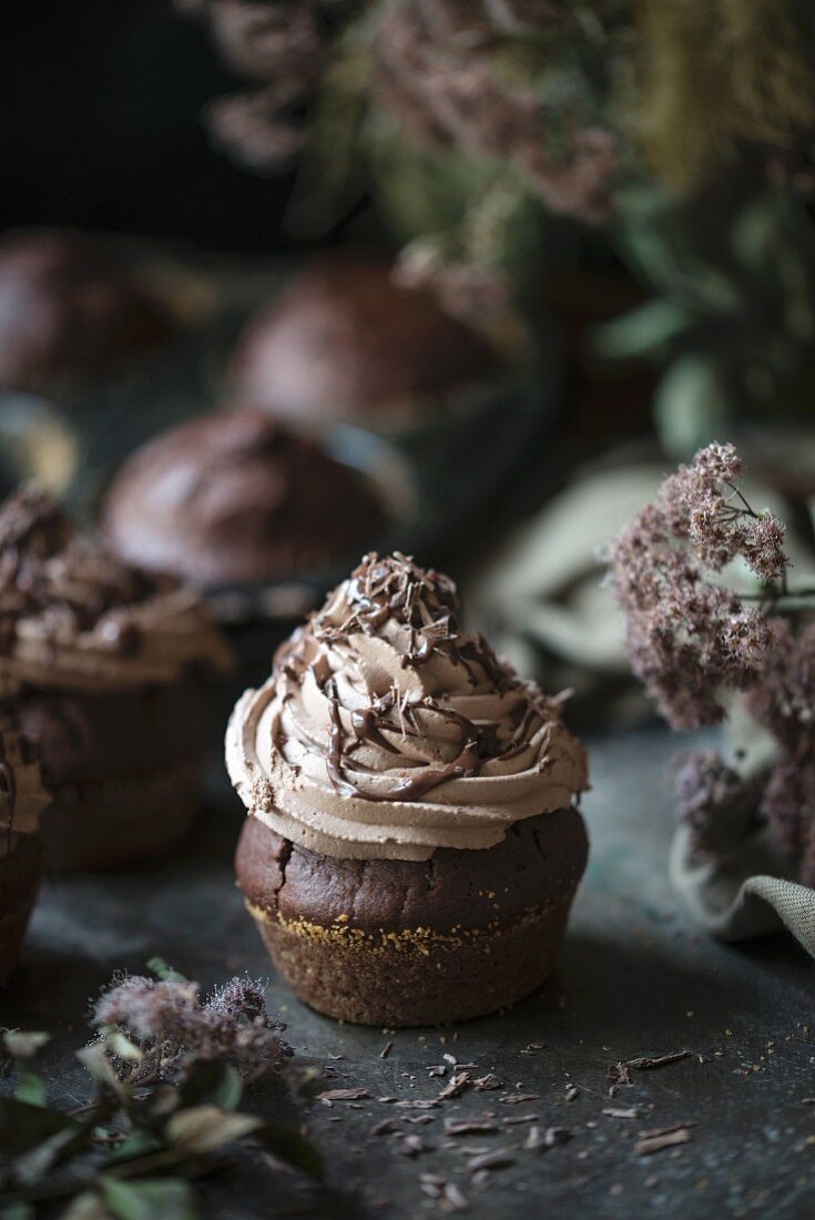 Vegan chocolate cupcakes with chocolate cream frosting