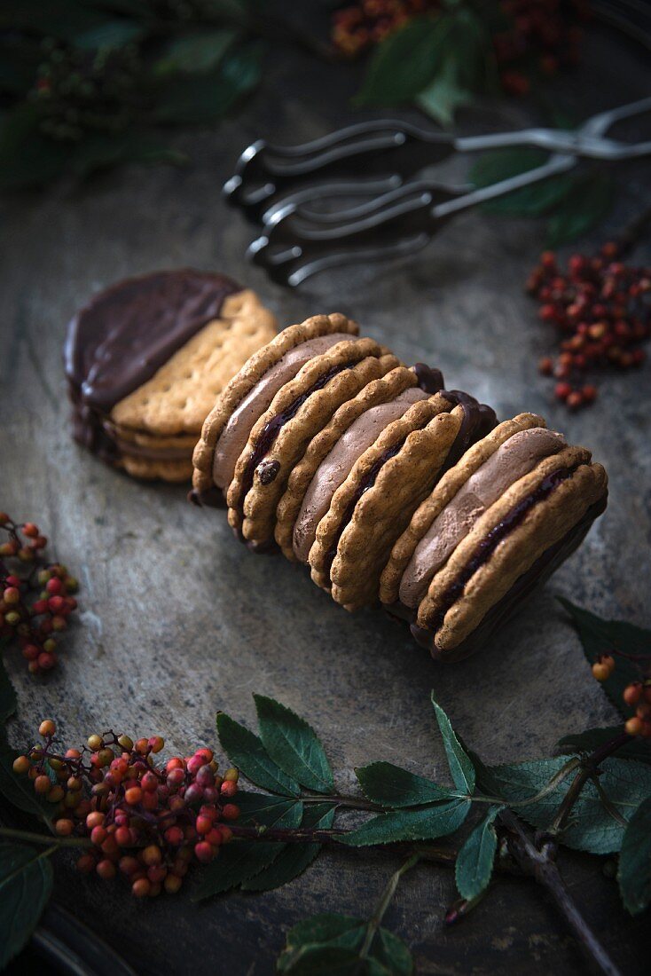 Vegane Kekse mit Zartbitterglasur, gefüllt mit Konfitüre und Schokoladencreme