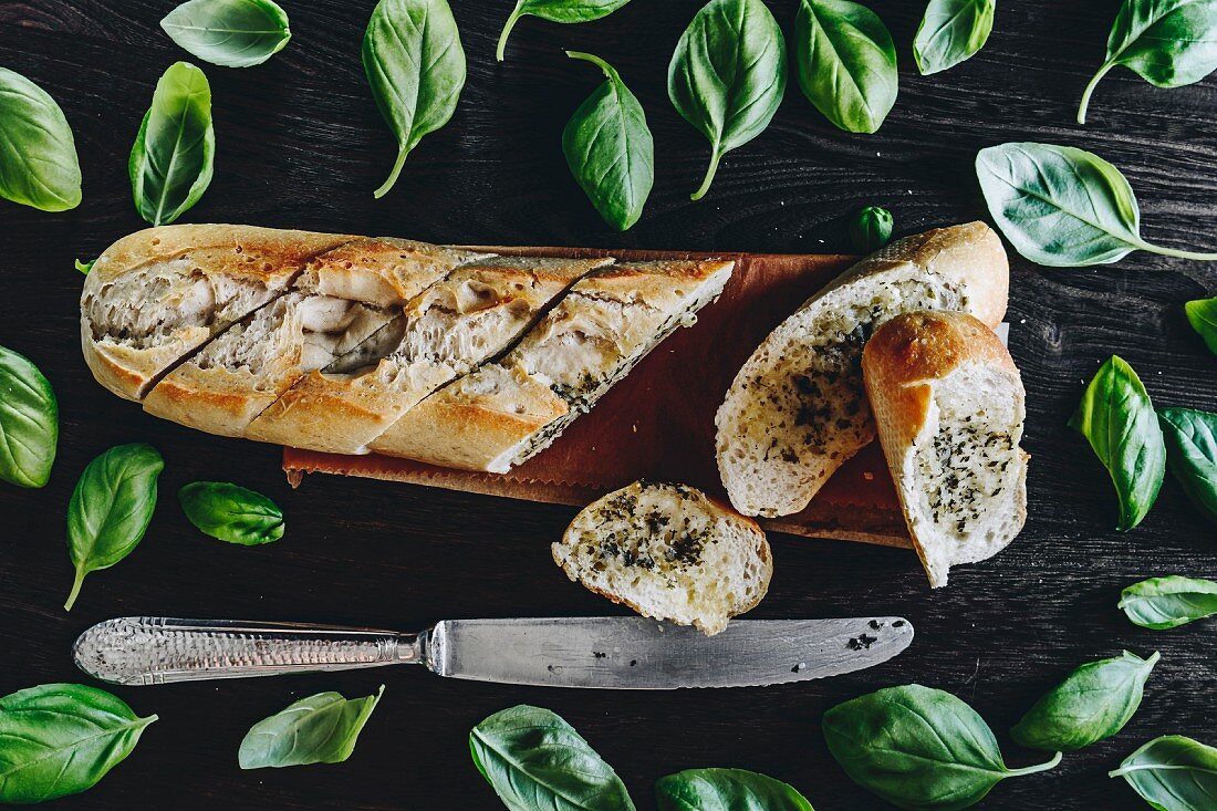 A baguette with herb butter