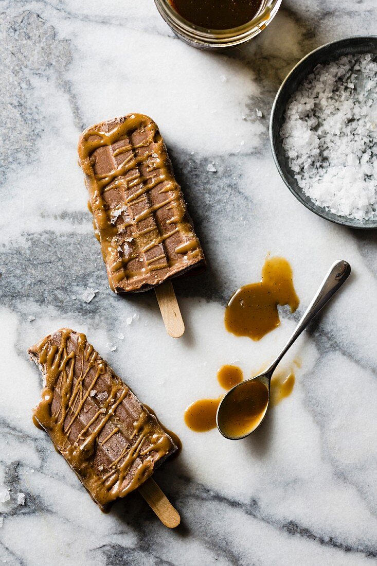 Homemade salted caramel and chocolate ice cream (vegan)