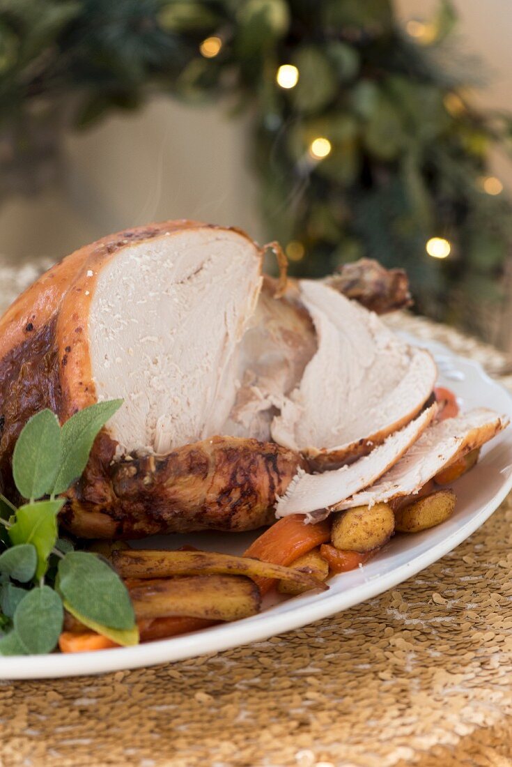 Roast turkey, sliced, for Christmas dinner