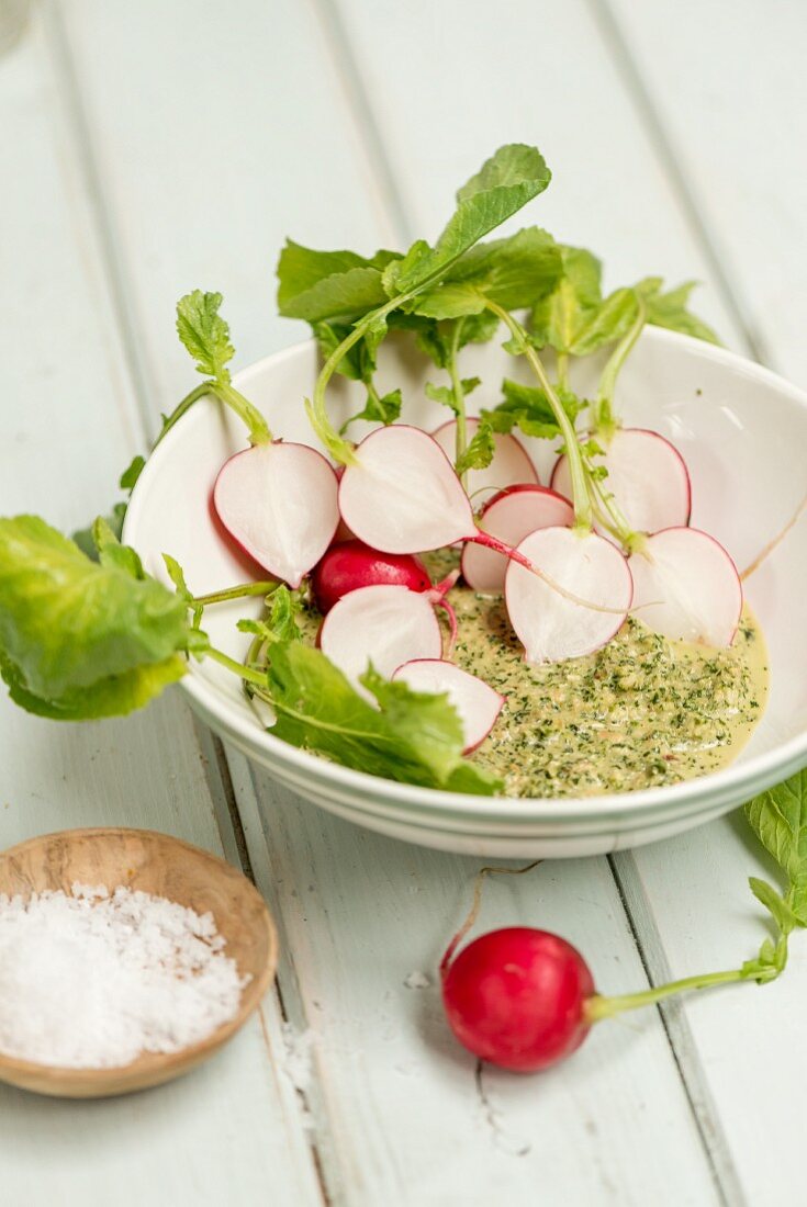 Radishes with mint and almond pesto