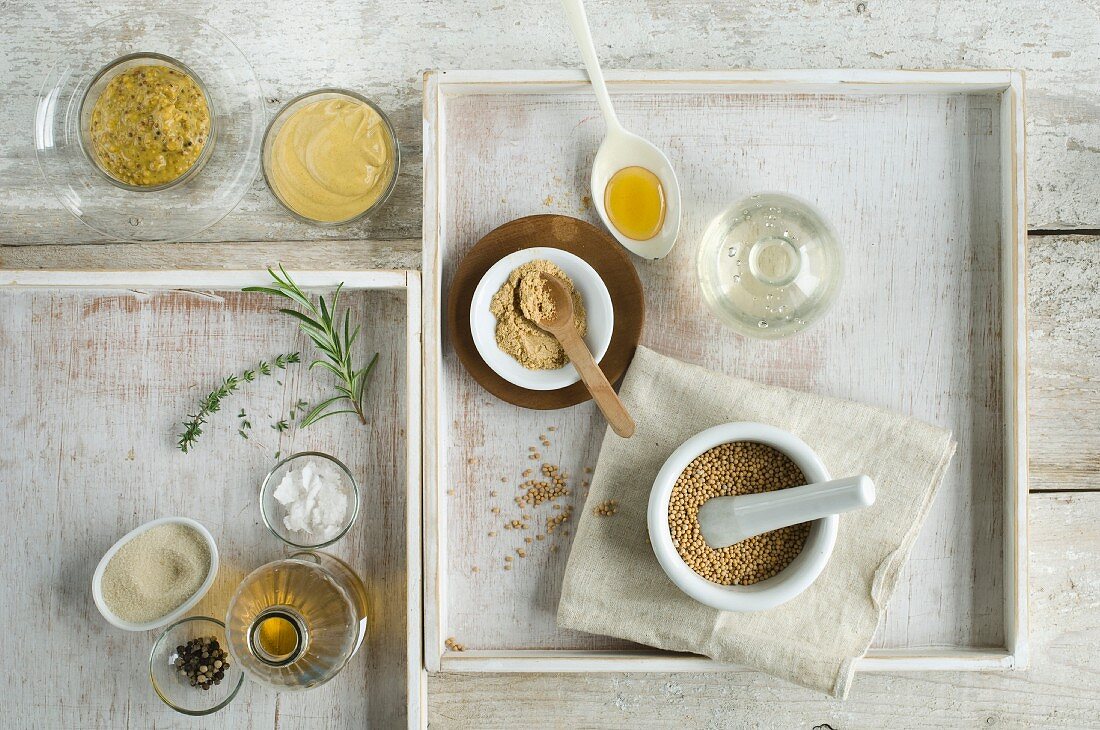 Homemade mustard and ingredients