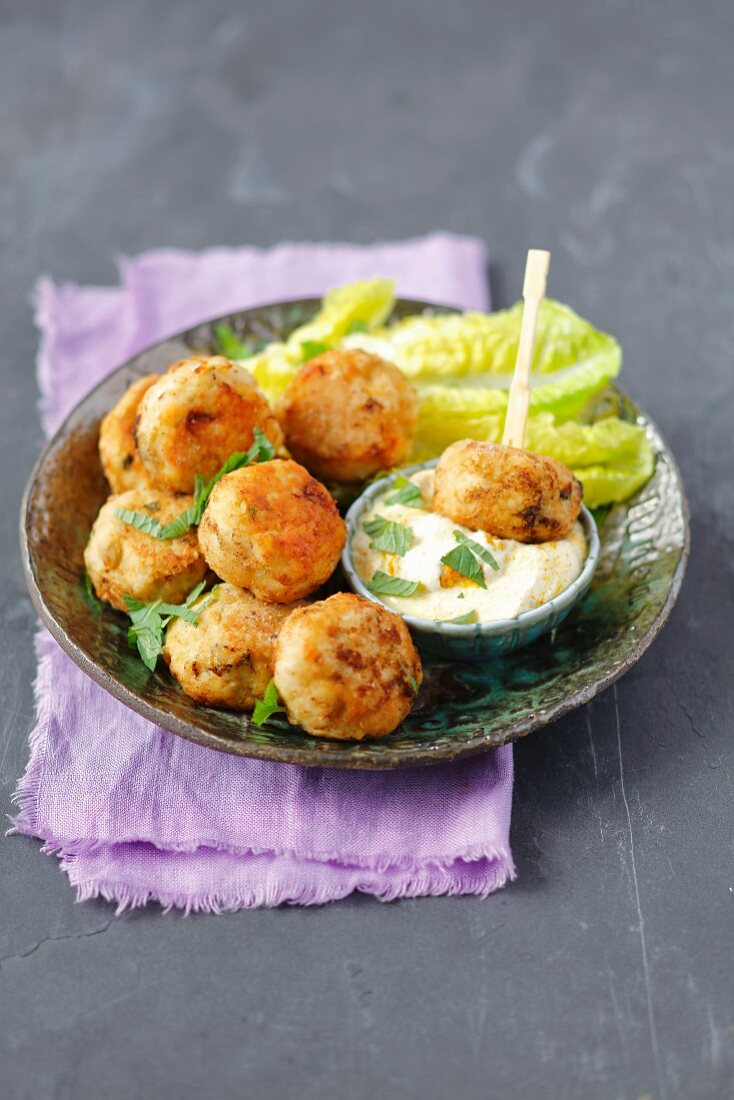Chicken meatballs with curry dip