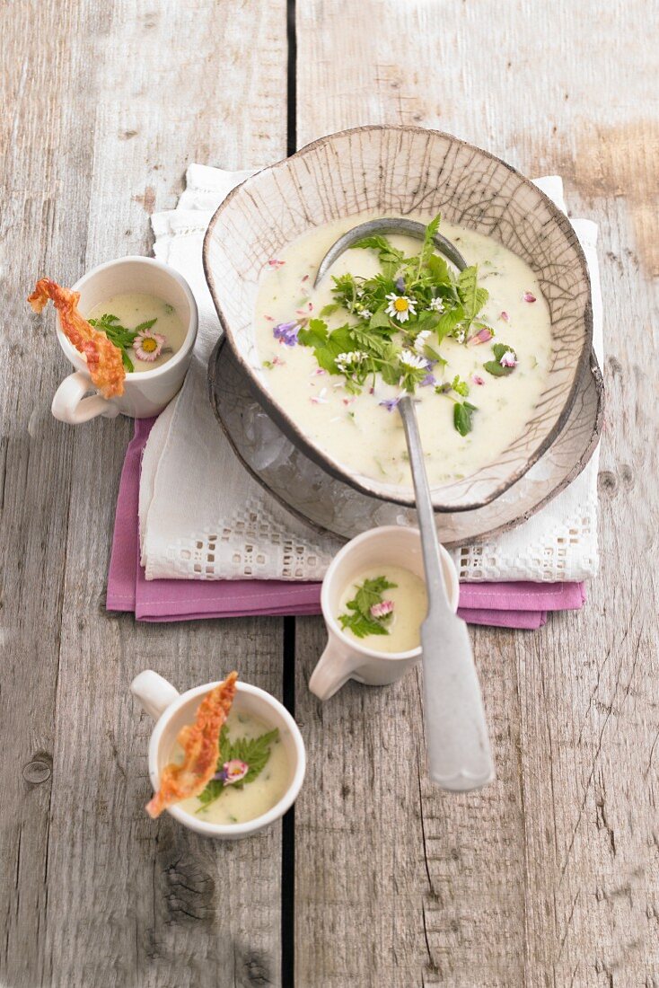 Cold wild herb and potato soup with coppa