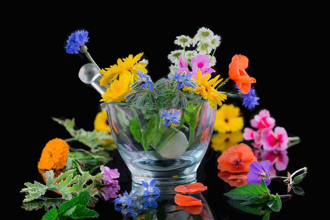 Various healing flowers in a glass mortar