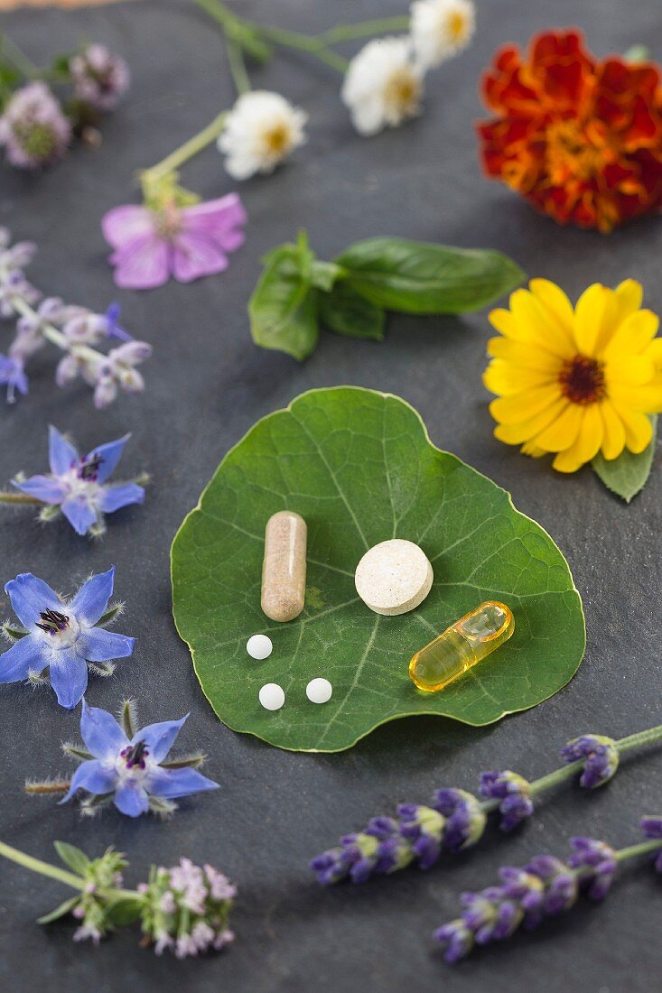 Various healing flowers, herbs and vitamin tablets