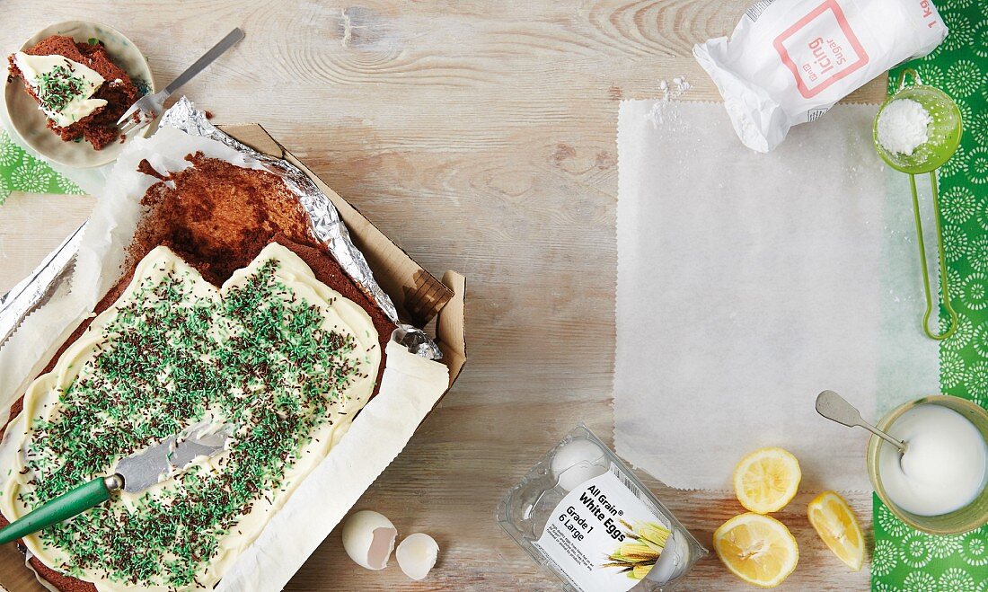 Chocolate cake with Guinness, cream cheese frosting and green sugar