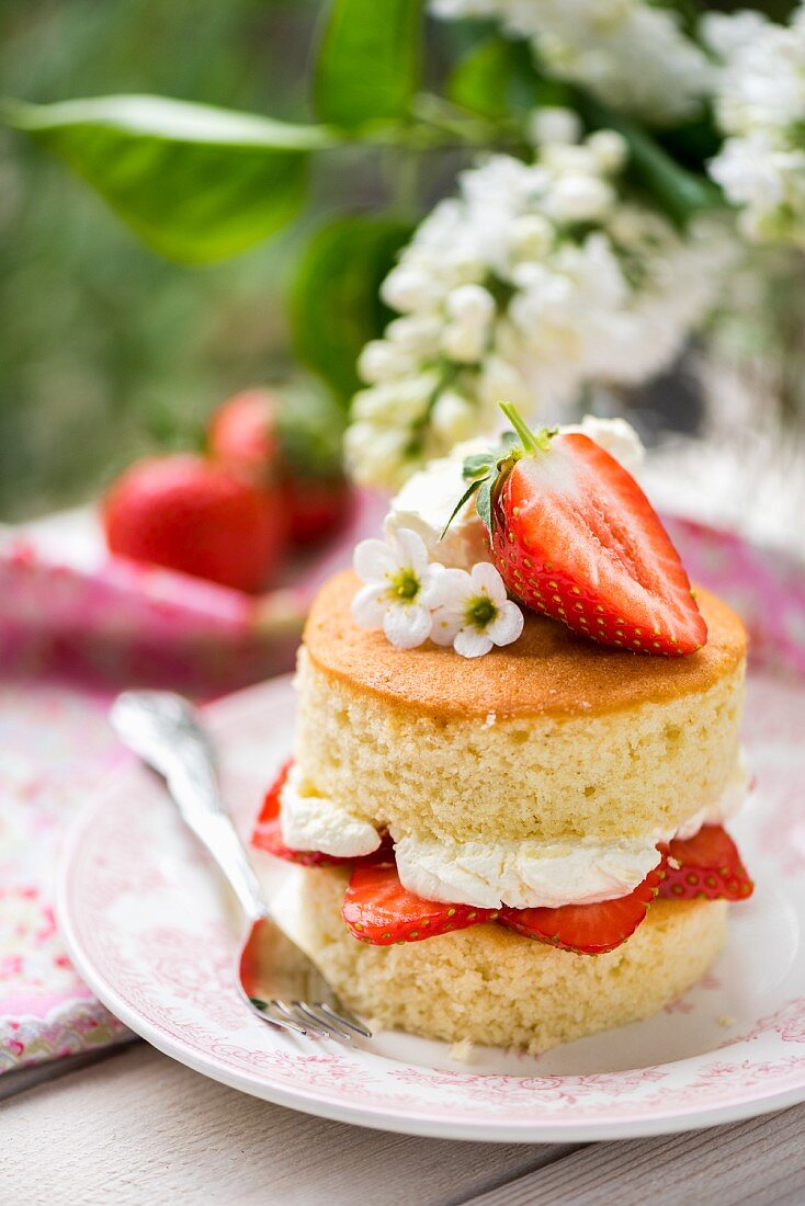 A mini Victoria sponge cake with strawberries and cream