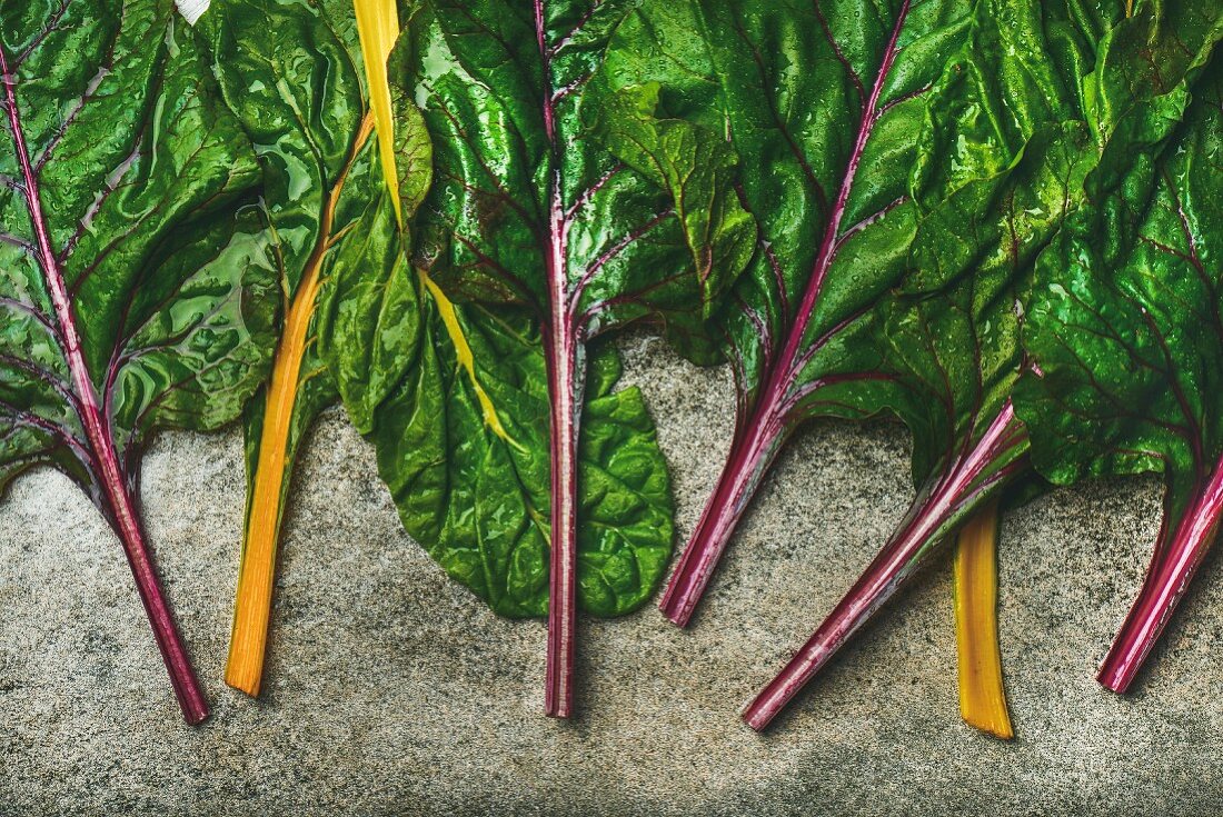 Flat-lay of fresh leaves of swiss chard on a concrete stone background