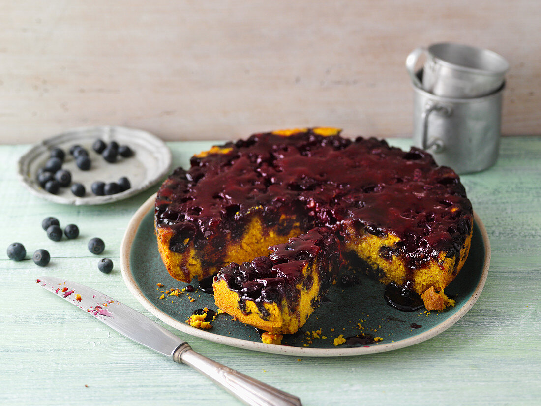 Upside down blueberry and turmeric cake