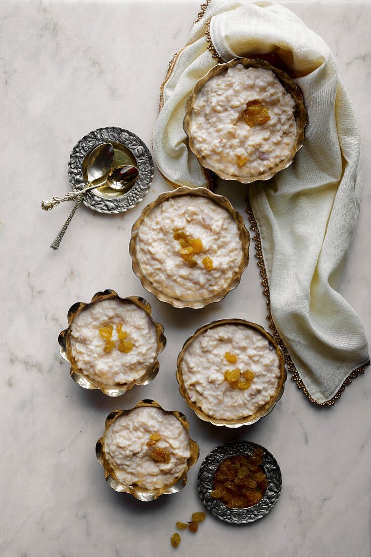 Rice Pudding in metal bowls
