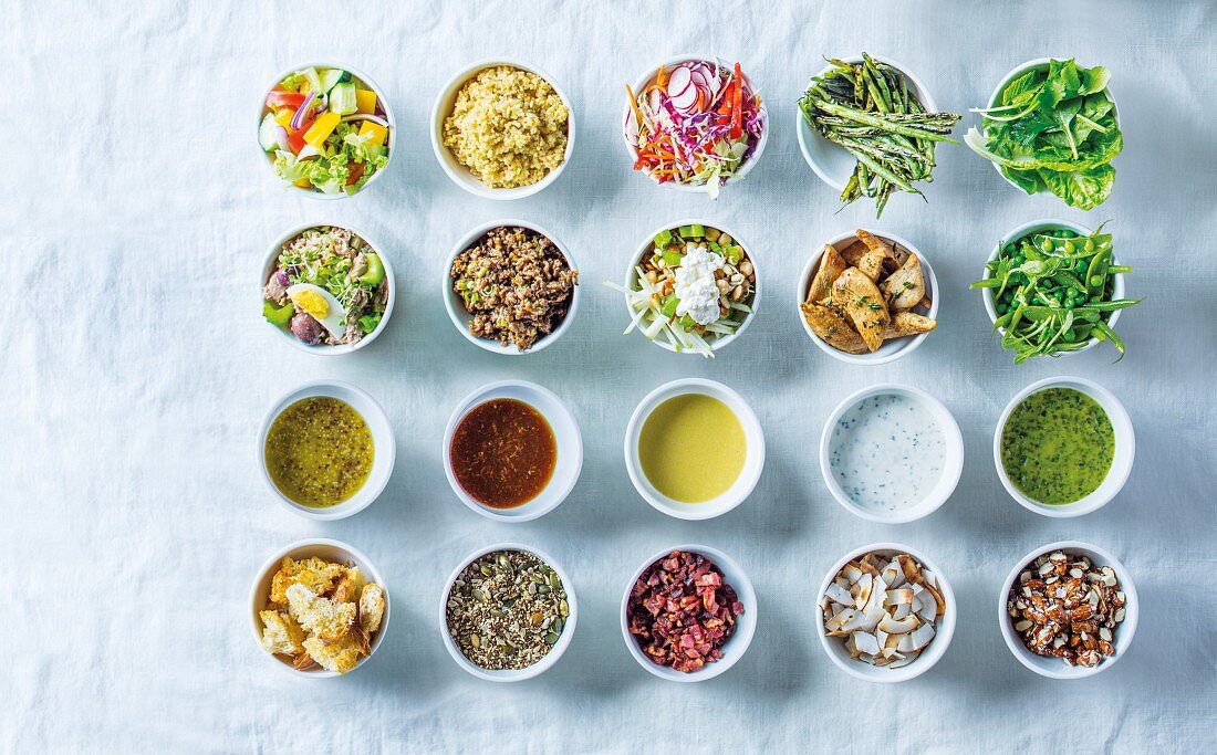 Different salad dressings and toppings