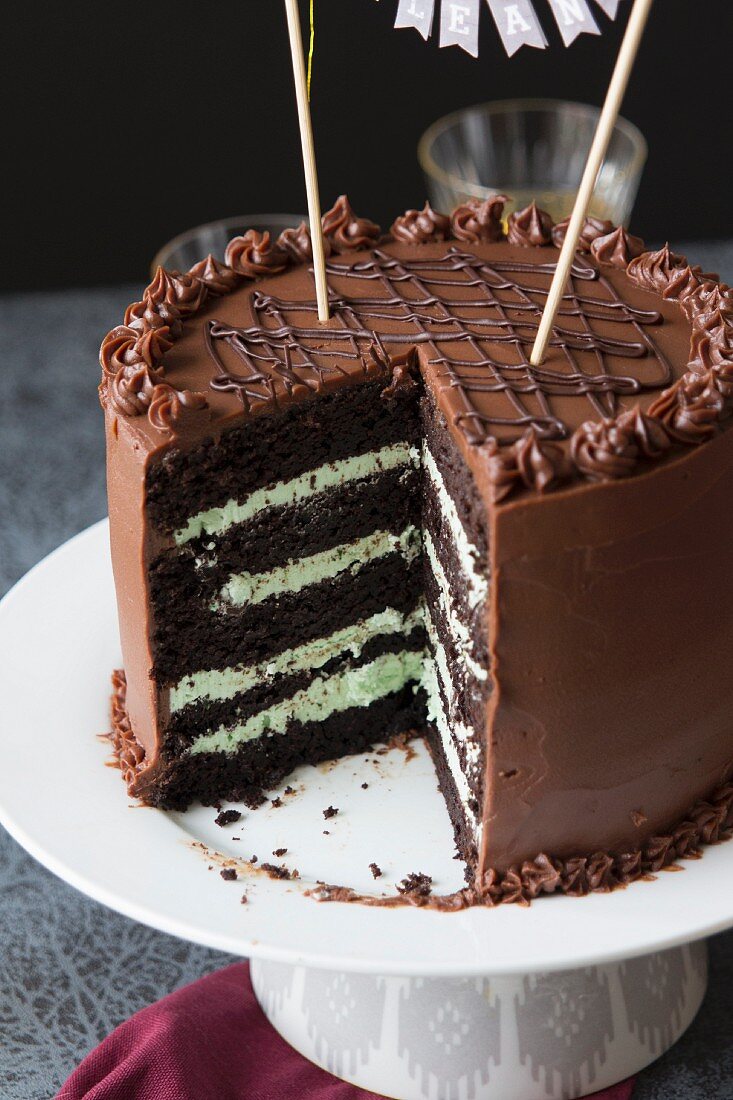 A dark chocolate and mint cream birthday cake