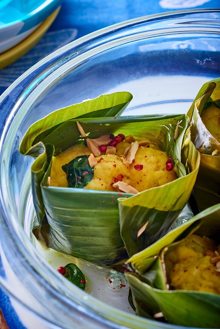 Fish amok in a banana leaf (traditional Cambodian seafood curry)