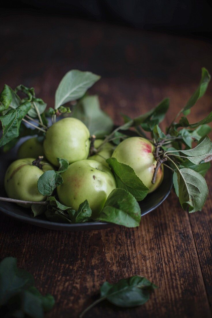 Grüne Äpfel mit Blättern in einer Schale