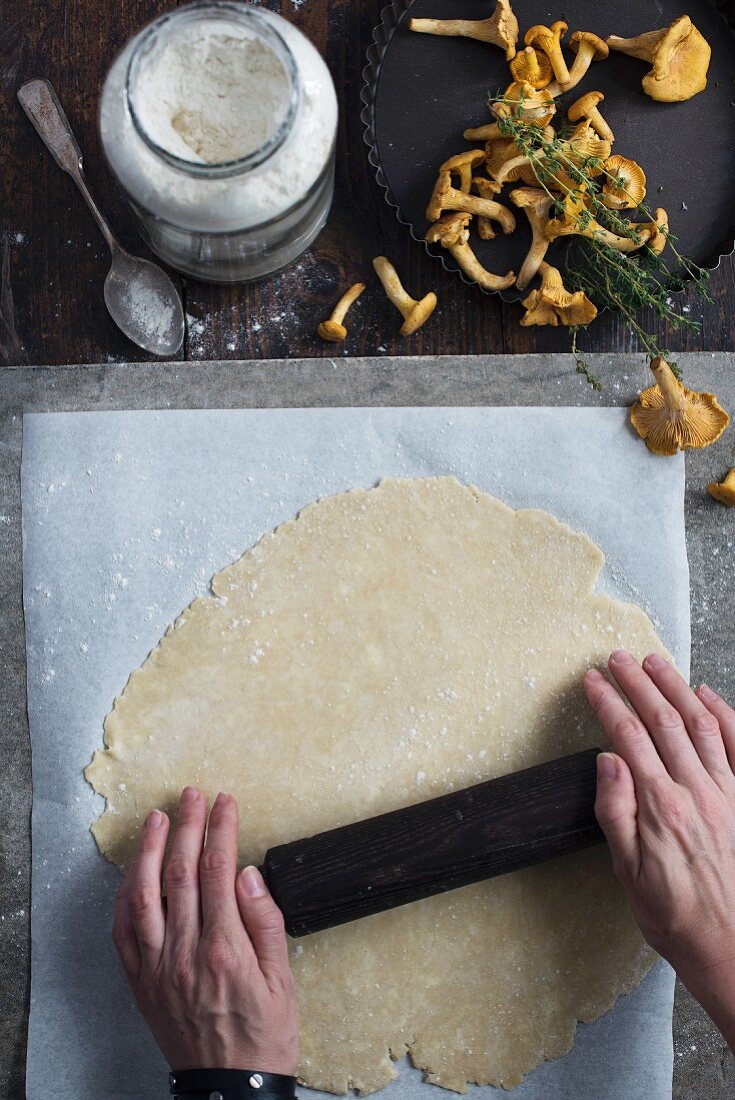 Rolling out the dough for the chanterelle tart