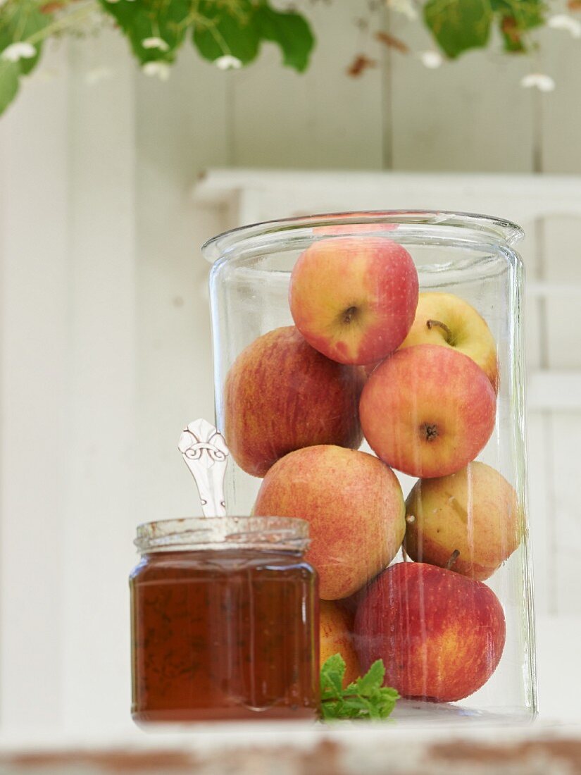 Apple and mint jam in a glass jar