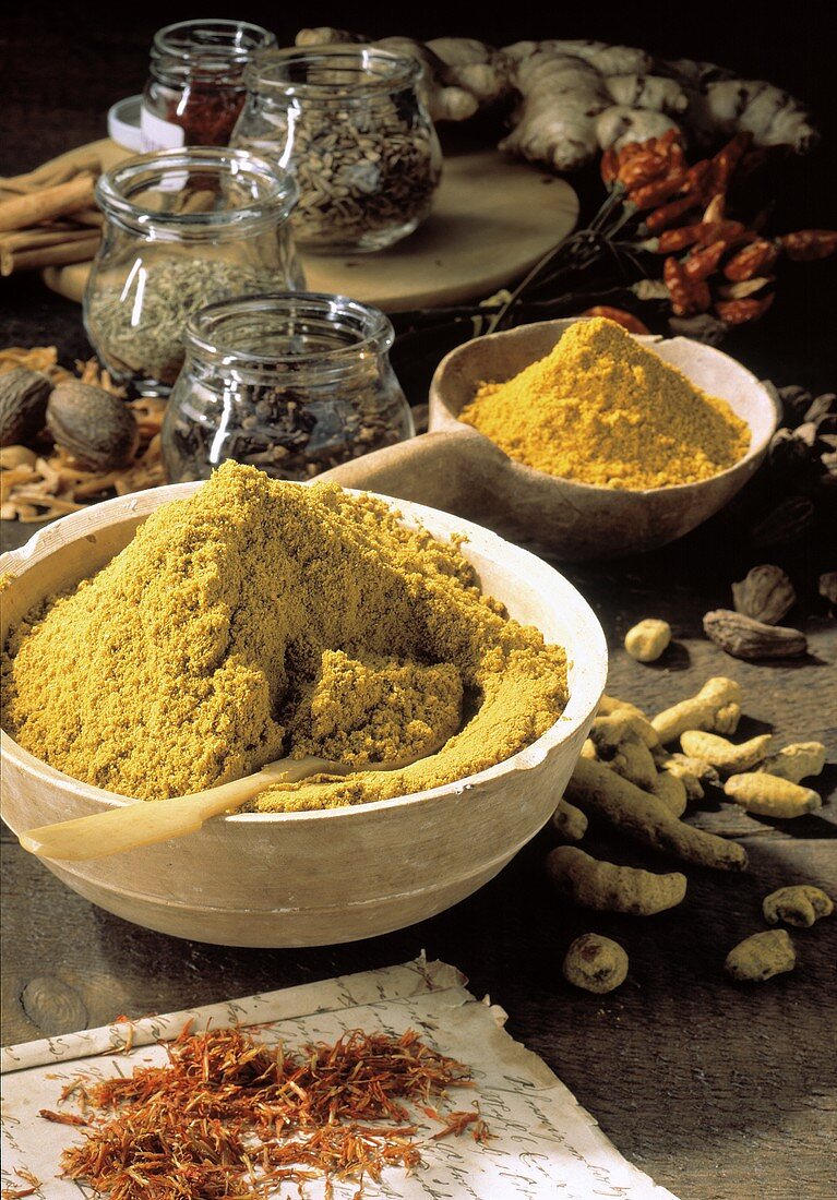 Colorful Curry Powders and Spices in Bowls