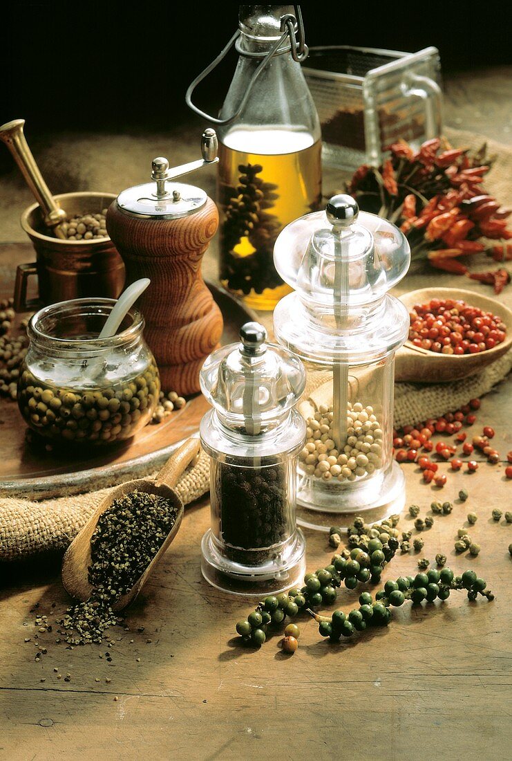 Assorted Peppermills with Colorful Peppercorns