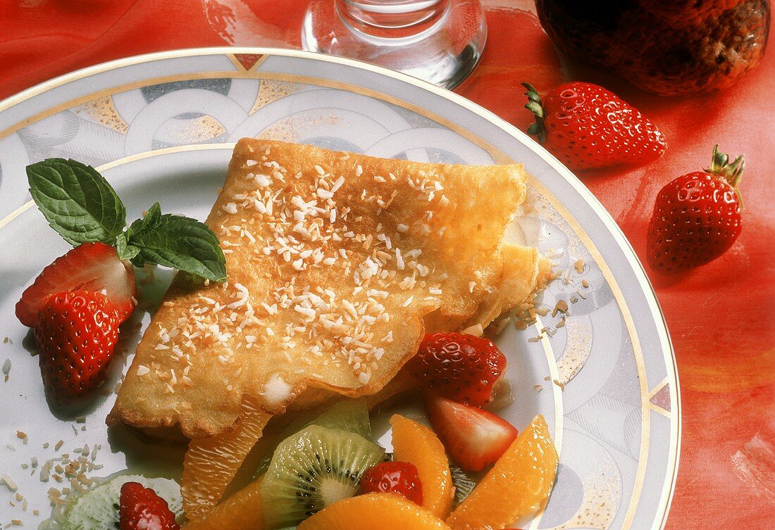 Crepe with Coconut Flakes; Strawberries and Exotic Fruit