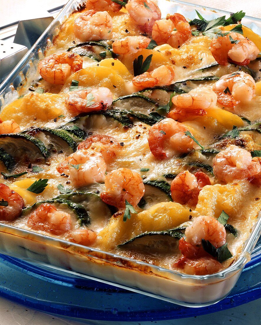 Potato and courgette bake with shrimps