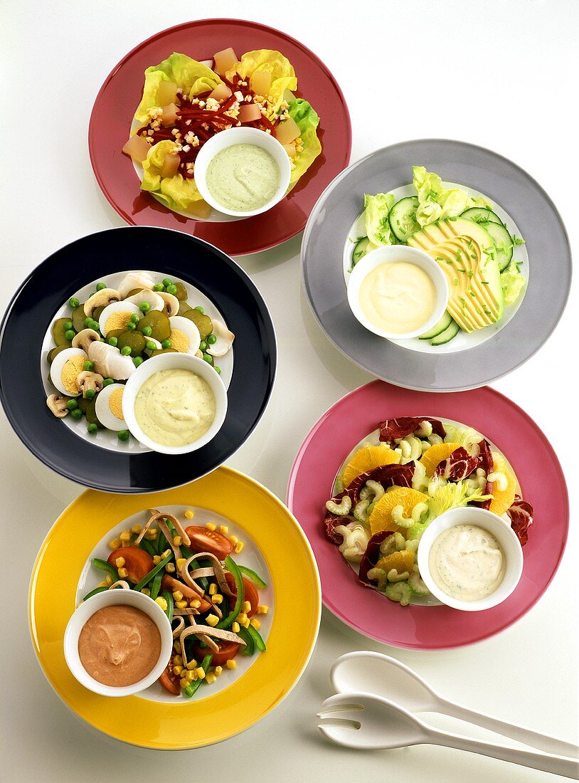 Five tasty vegetable salads with different dressings