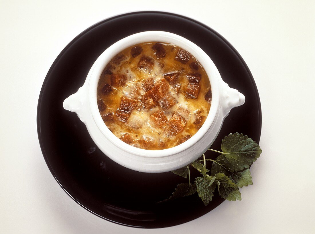 Onion soup with Cheshire cheese and croutons