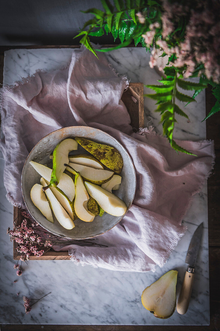 Rustic pears in a kitchen setting