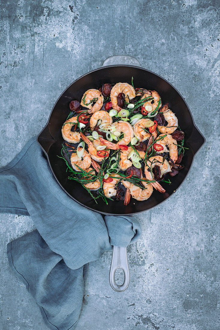 Prawns with Chorizo and Samphire on a Skillet