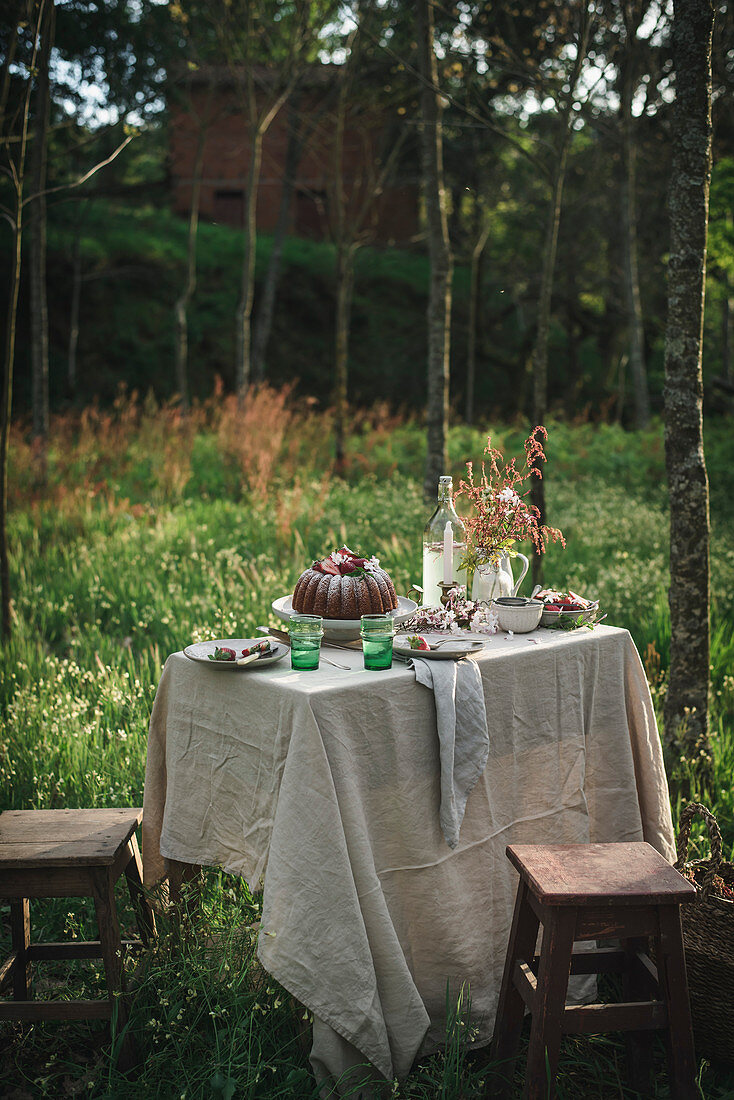 Gedeckter Kaffeetisch mit Bundt Cake auf sommerlicher Waldwiese