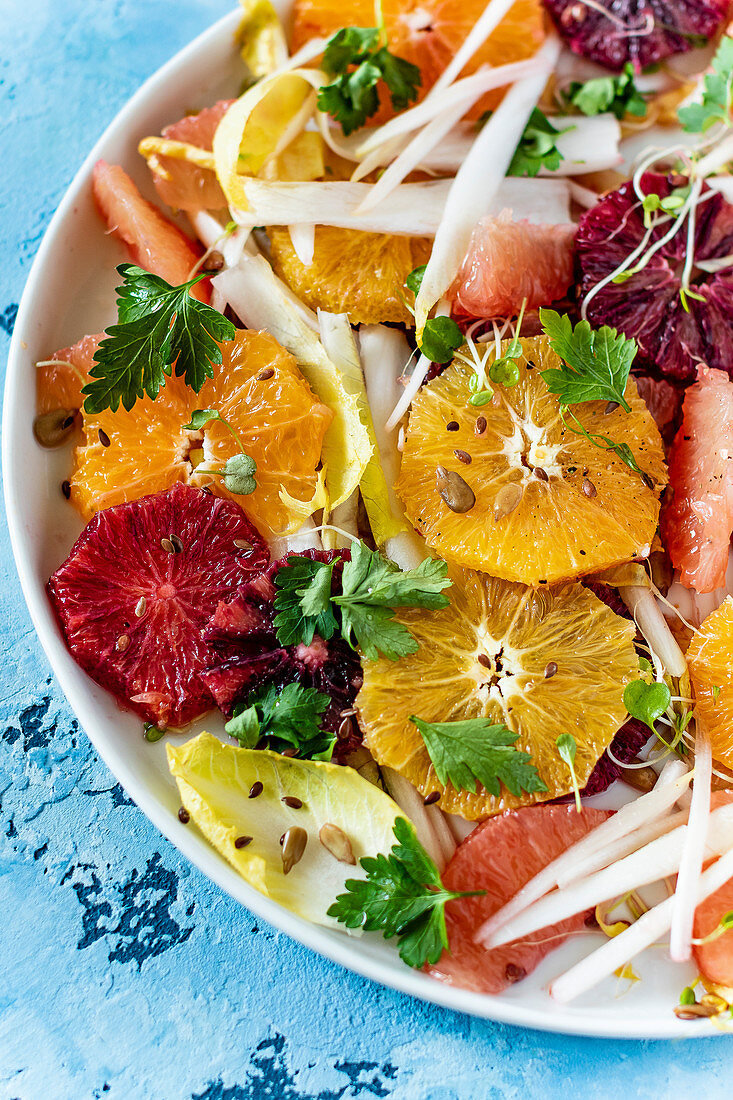 Citrus salad served in white bowl