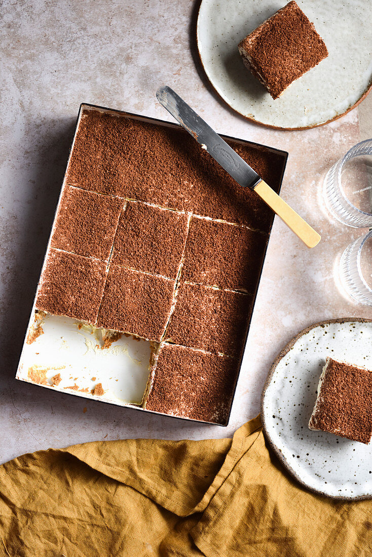 Freshly made Tiramisu in a pan