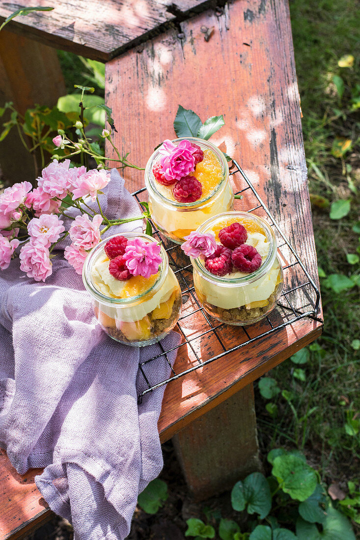 Sommerdessert aus Keksen, Pfirsich, Vanillecreme und Himbeeren im Glas auf Gartentisch