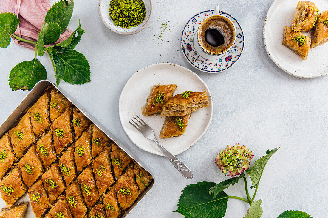 Turkish coffee and baklava with walnuts and pistachio