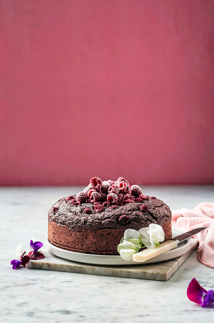 Veganer Schokoladen-Himbeerkuchen vor rotem Hintergrund