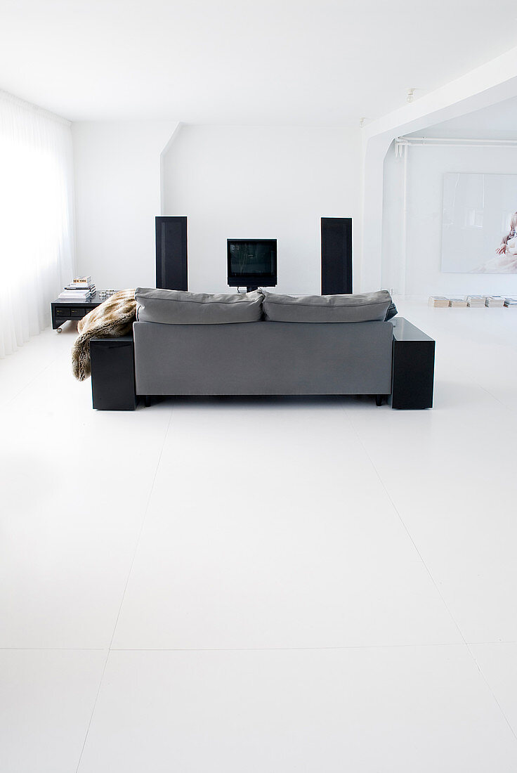 Grey sofa in minimalist living room with white floor