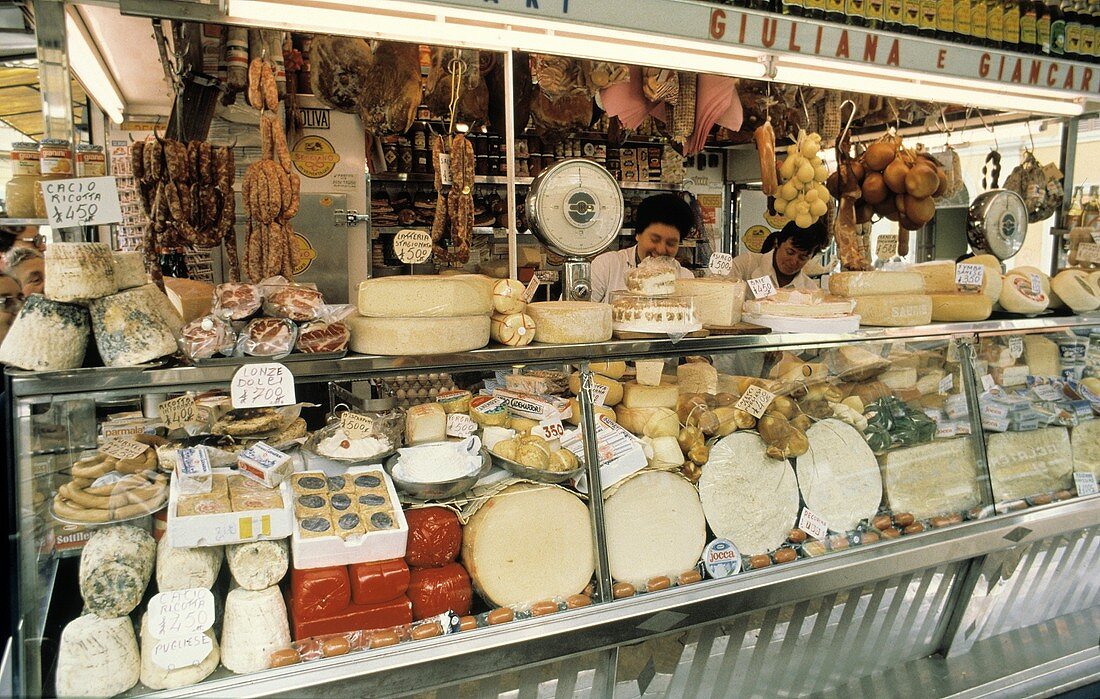 Market in Italy; Assorted Cheese and Sausages