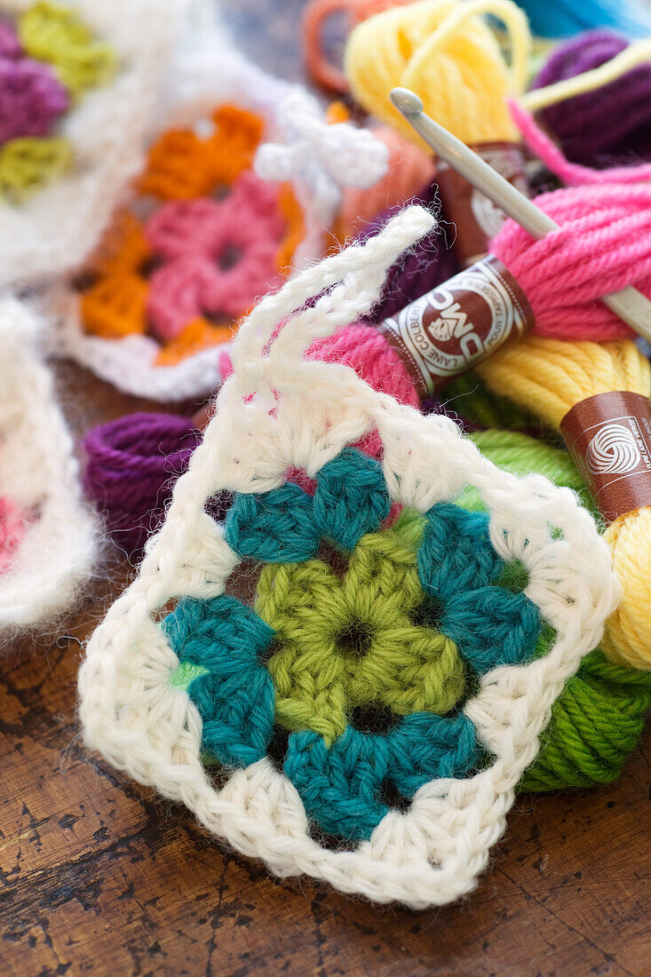 Crocheted squares as Christmas tree decorations