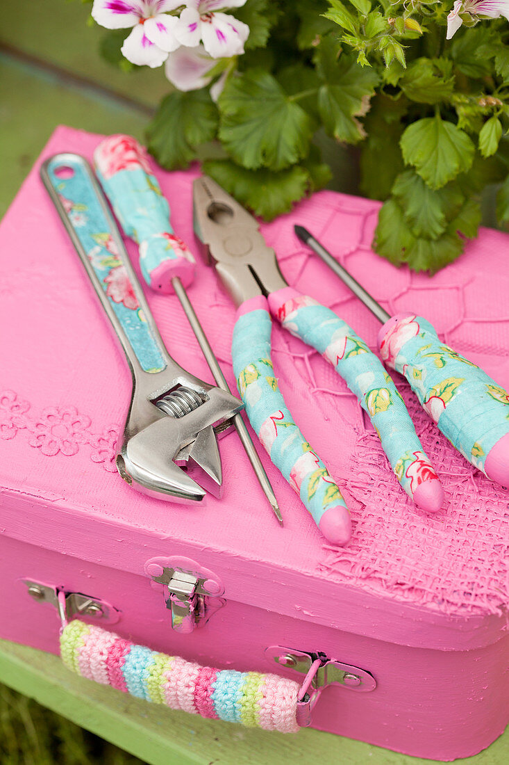 Pink, handmade, feminine tool box and tools with floral decoupage