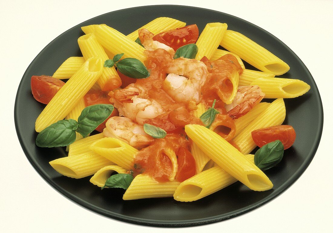Penne with Shrimp and Tomato Sauce; Basil