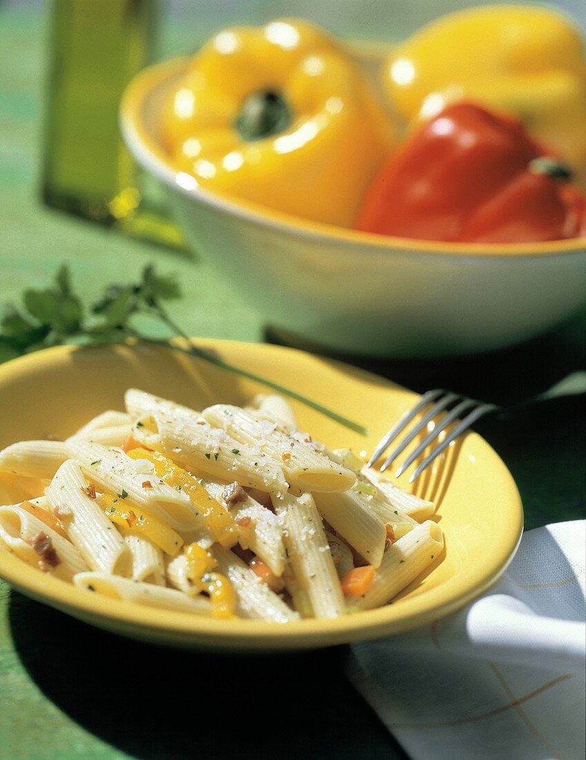 A Bowl of Penne with Yellow Bell Pepper