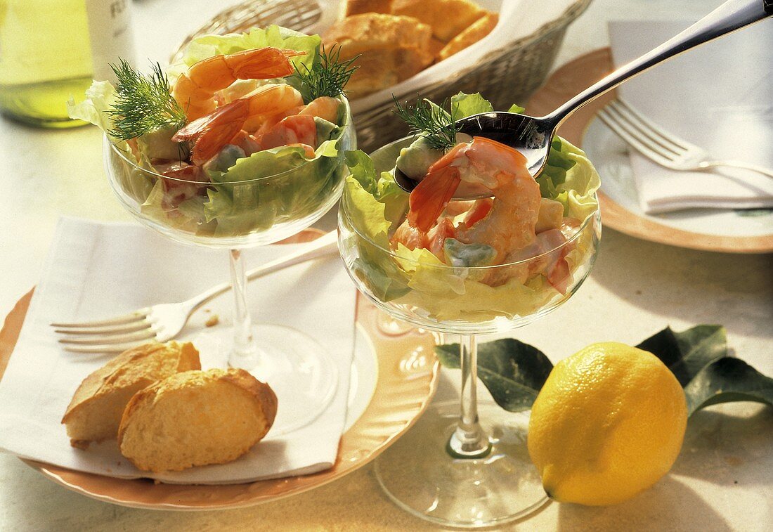 Shrimp Cocktail with Avocado and Lettuce in Stem Glasses