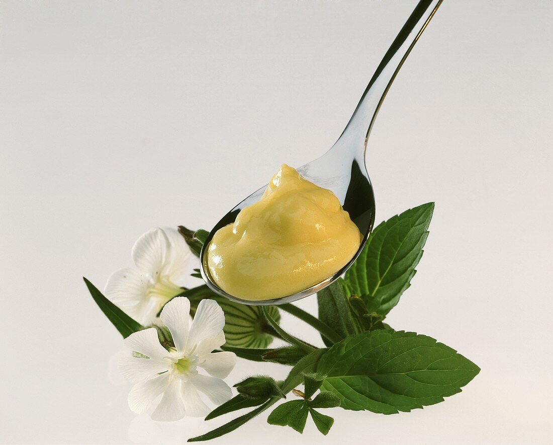 Mustard mayonnaise on spoon, decoration: flowers
