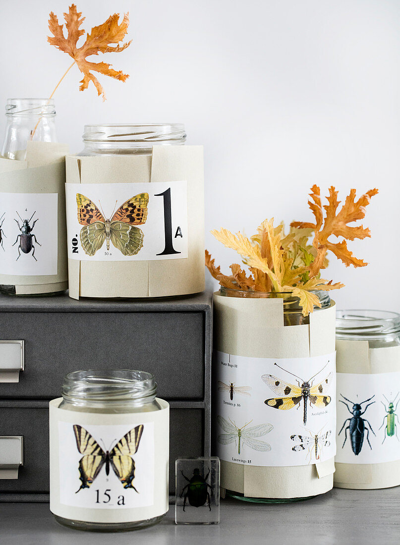 Paper cuffs affixed to screw-top jars with butterfly motifs