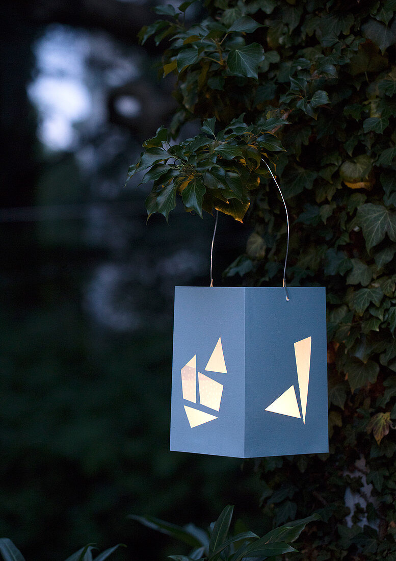 Homemade lantern with geometric shapes on ivy