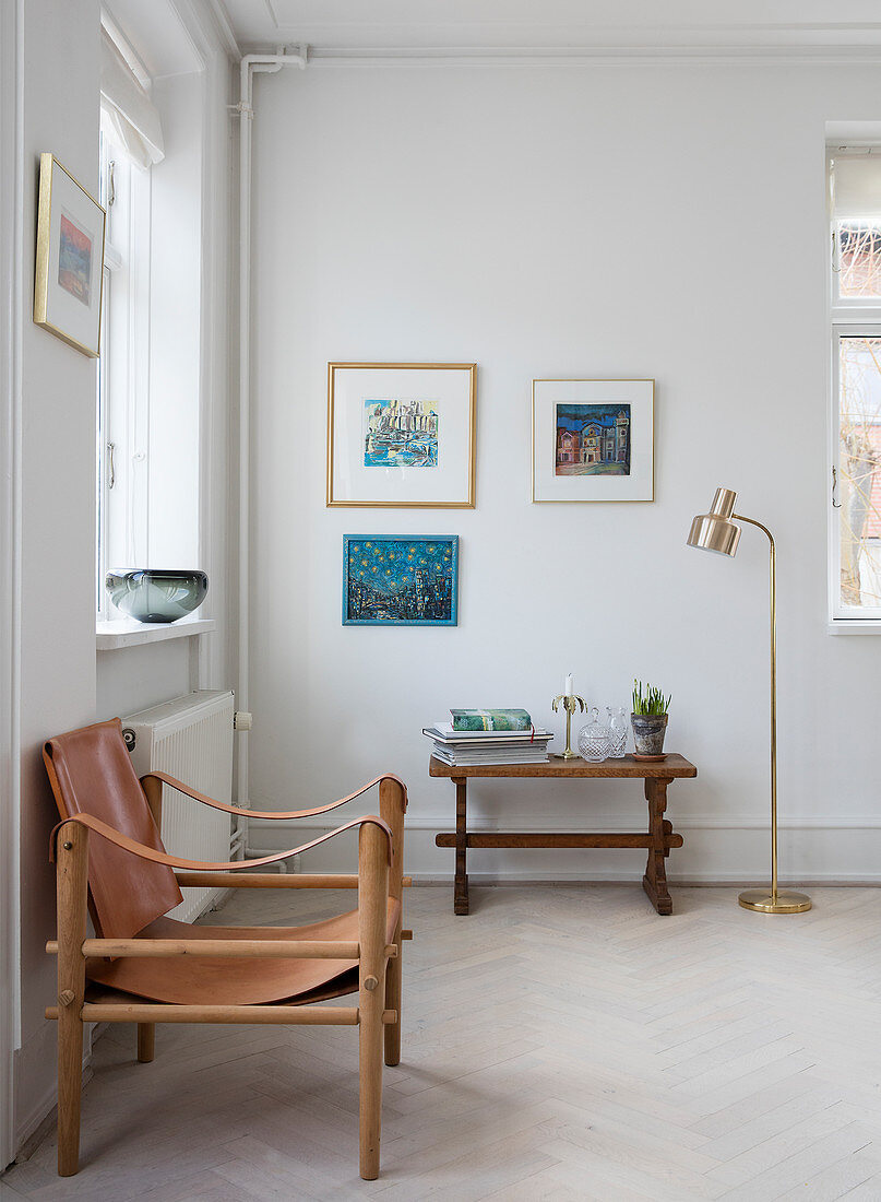 Leather chair in the simple living room in mid-century style