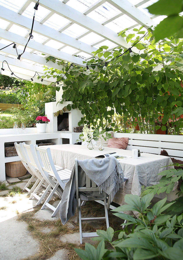 Dining table with chairs and bench and green plants on covered terrace