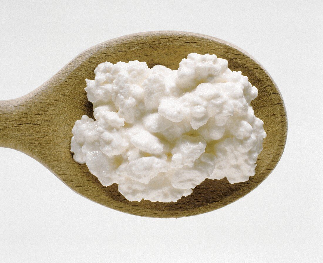 Cottage Cheese on a Wooden Spoon