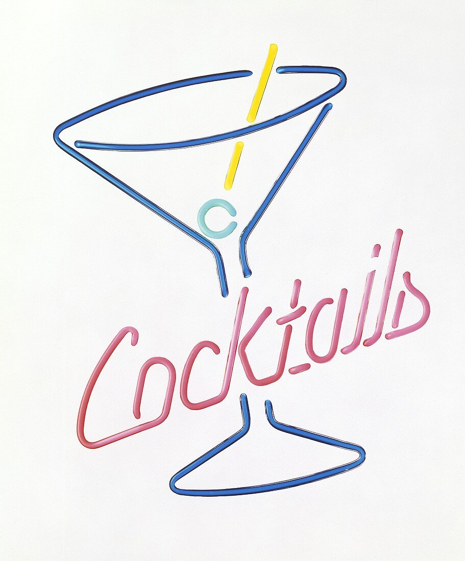 Leuchtschrift 'Cocktails' auf Cocktailglas aus Leuchtröhren